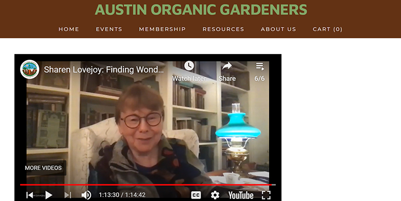 Sharon Lovejoy at Austin Organic Gardeners zoom meeting