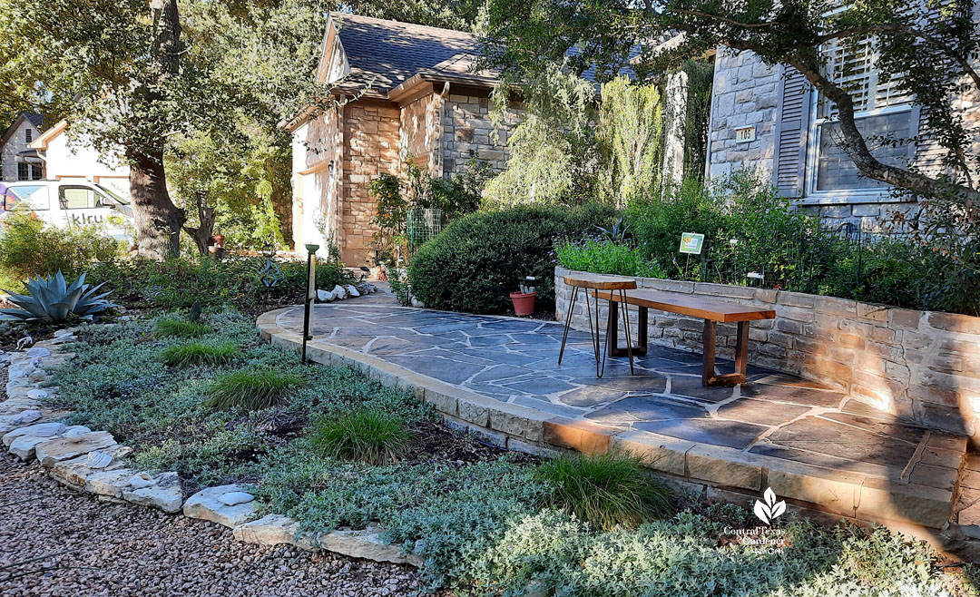 groundcovers and sedges against blue flagstone path, stone raised bed and curved wooden bench at front door 