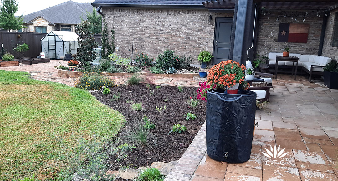 wide curved mulch bed with platns to house and beyond a small greenhouse and rain collection cistern 