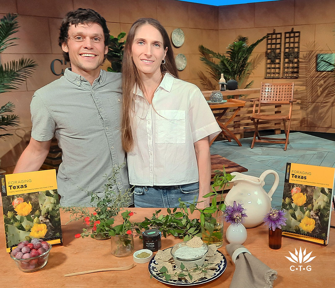 man and woman on TV set with plants and two books titled Foraging Texas