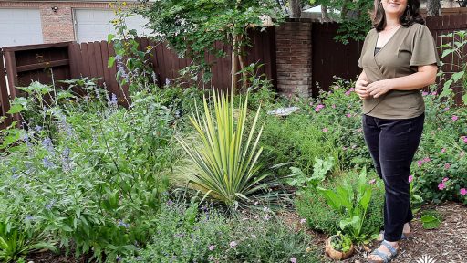 woman standing in garden with yucca and flowering perennials