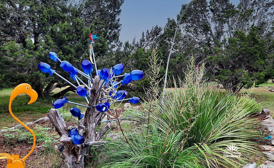 cedar stump with blue vases; golden flamingo nearby; tall flower stalk on slender plant leaves 