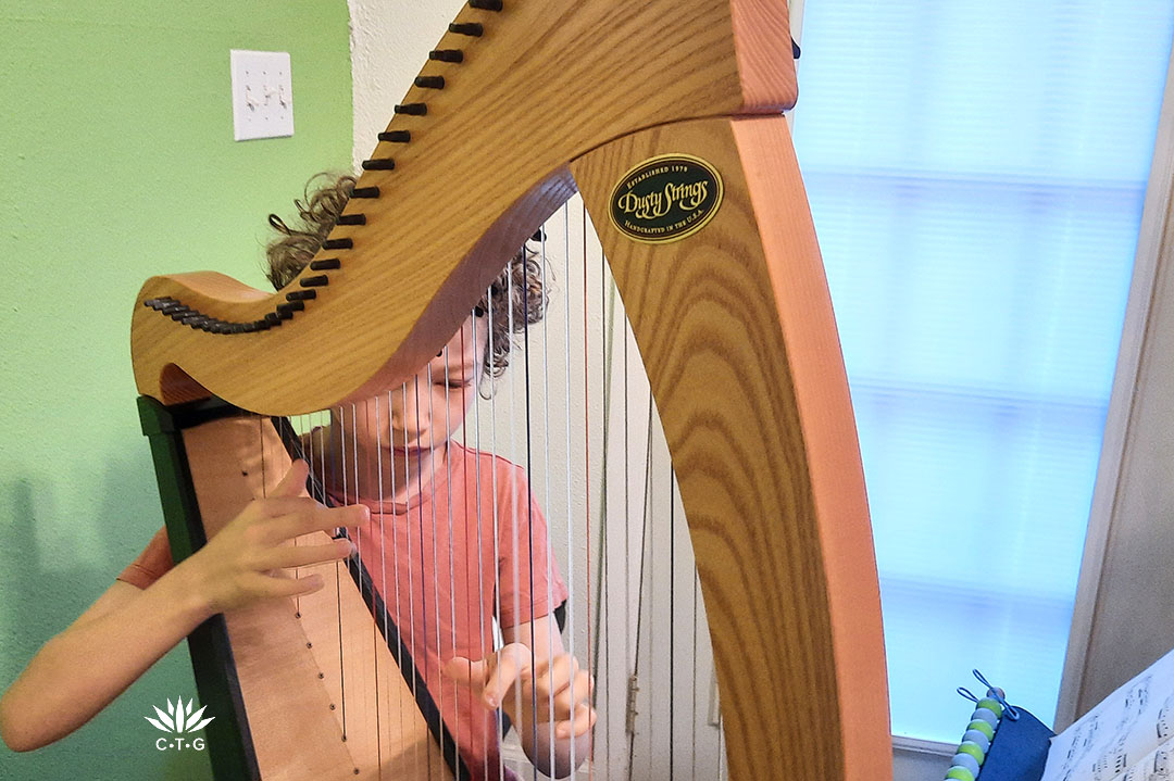 young boy playing harp