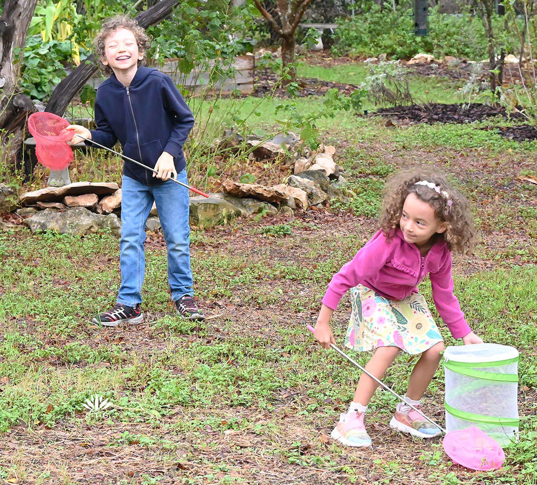 young boy and girl playing in backyard with butterfly nets 